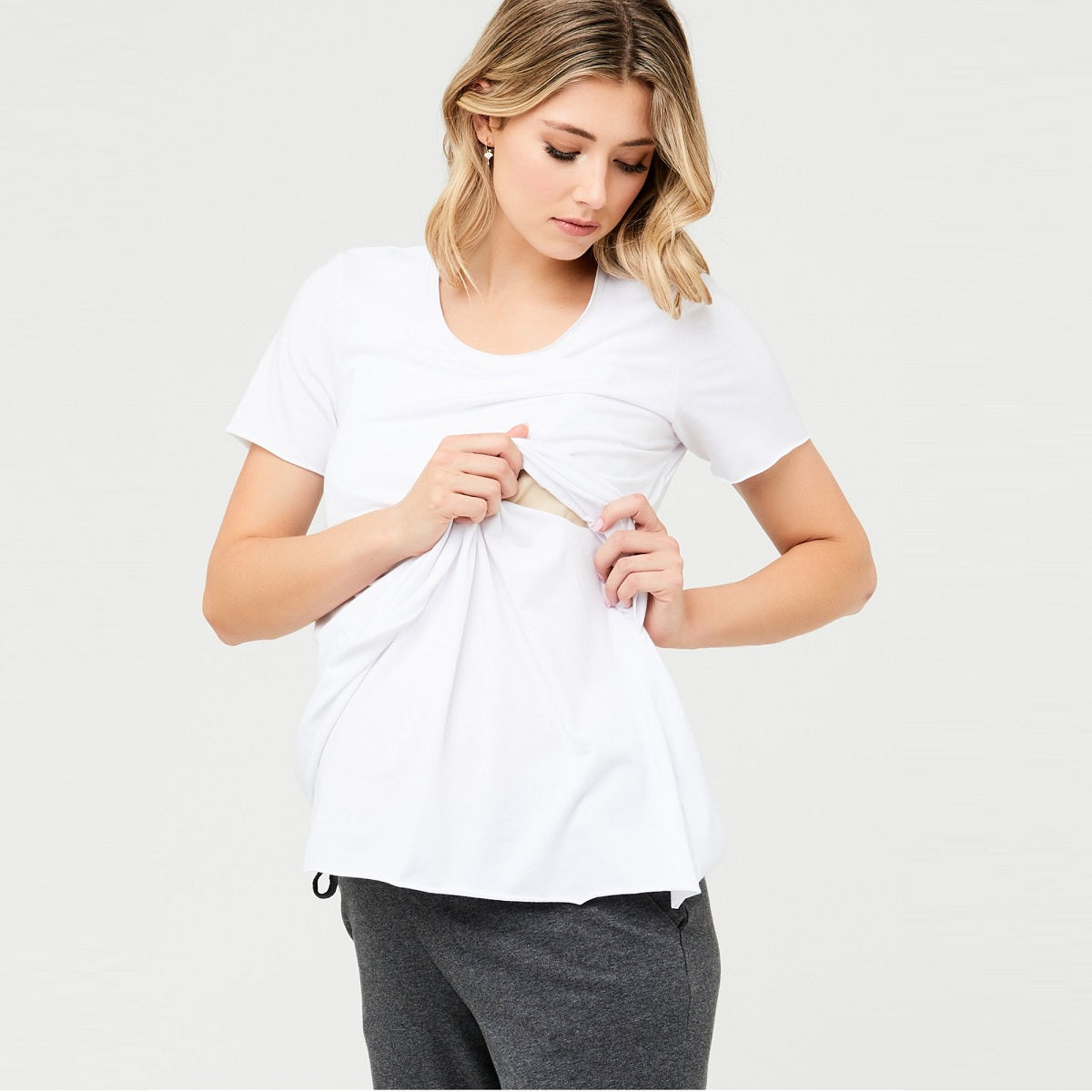 White Short Sleeve Raw Edge Nursing Top